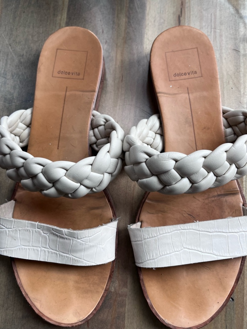 Dolce Vita Cream Braided & White Croc-Embossed Slide Sandals